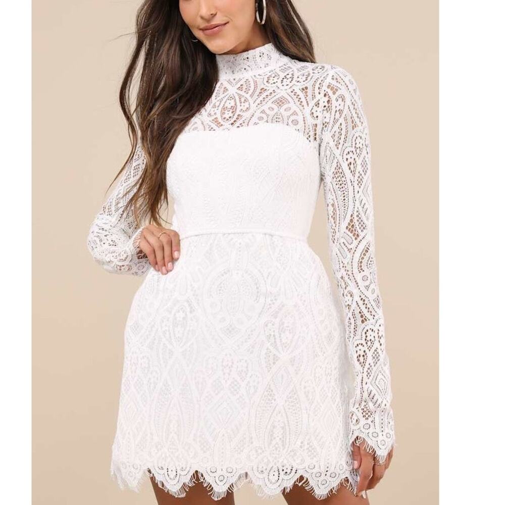 NEW Lulus Gorgeous Attraction White Sheer Lace Structured Long Sleeve Mini Dress